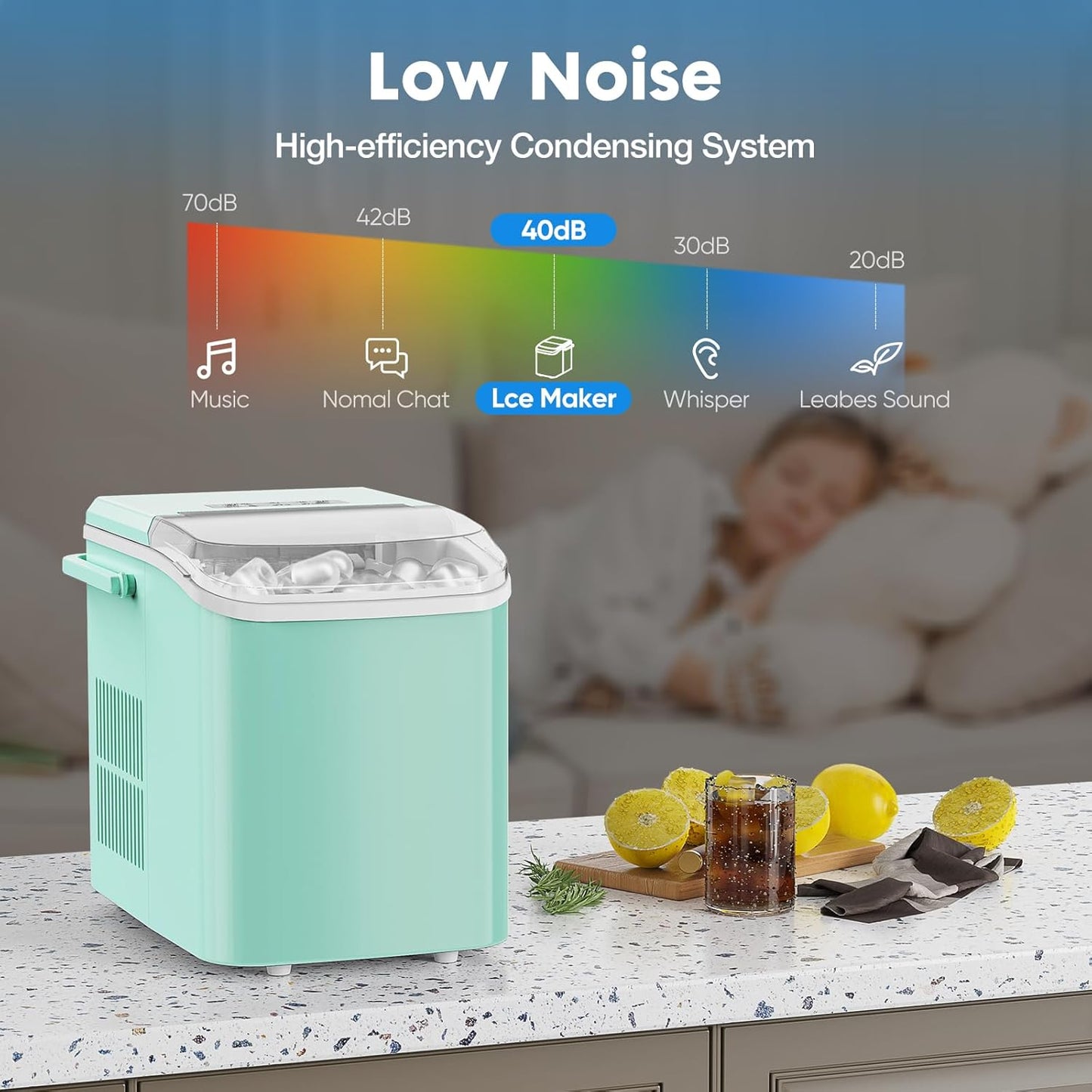 DUMOS Ice Maker Countertop Ice Machine Compact Size with Handle, 26lbs in 24Hrs, 9 Bullet Ice Cubes in 6 Mins, Self-Cleaning Function, Portable for Home, Kitchen, RV, Camping, Quiet Operation,Green