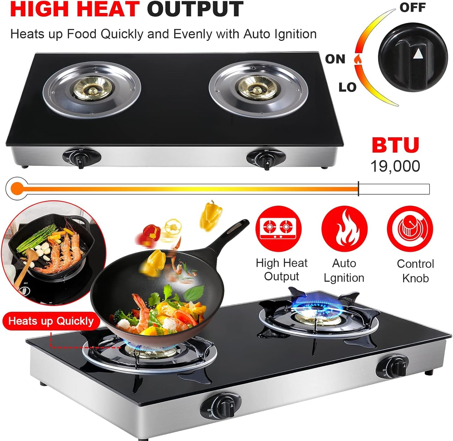 Propane Gas Cooktop 2 Burners Stove portable gas stove Tempered Glass Double Auto Ignition Camping Burner LPG for RV, Apartments, Outdoor