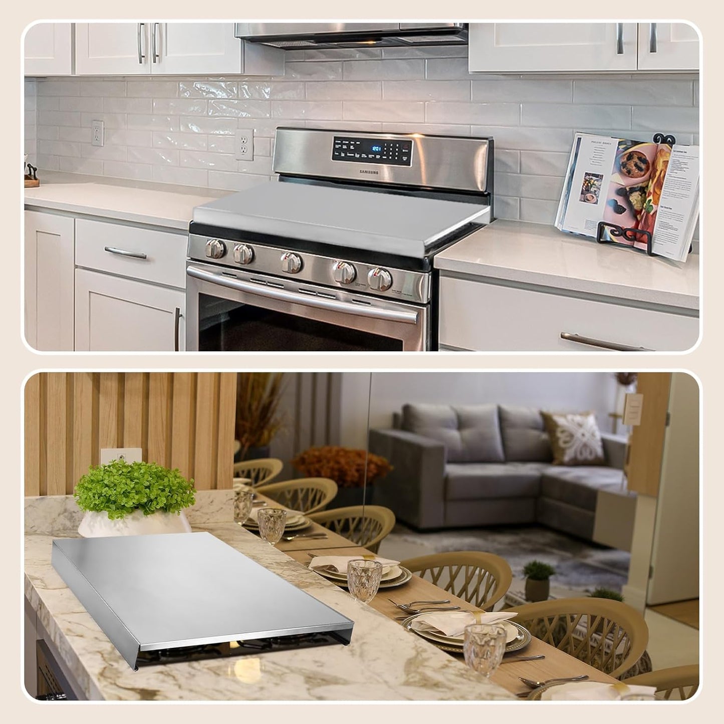 Therwen Stainless Steel Gas Stove Top Cover Noodle Board Cooktop Cover Large Electric Stove Burner Covers Provides Extra Work Counter, 30'' x 22'' x 2.5'' (Silver)