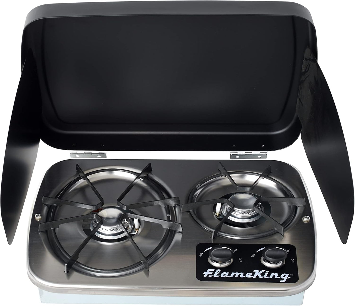 Flame King YSNHT600 2-Burner Built-in RV Cooktop Propane Stove, 7200 and 5200 BTU Burners, Self-Igniting, Cover Included, Silver, 18.5" x 13" x 4.5"