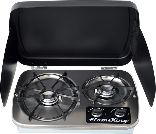 Flame King YSNHT600 2-Burner Built-in RV Cooktop Propane Stove, 7200 and 5200 BTU Burners, Self-Igniting, Cover Included, Silver, 18.5" x 13" x 4.5"