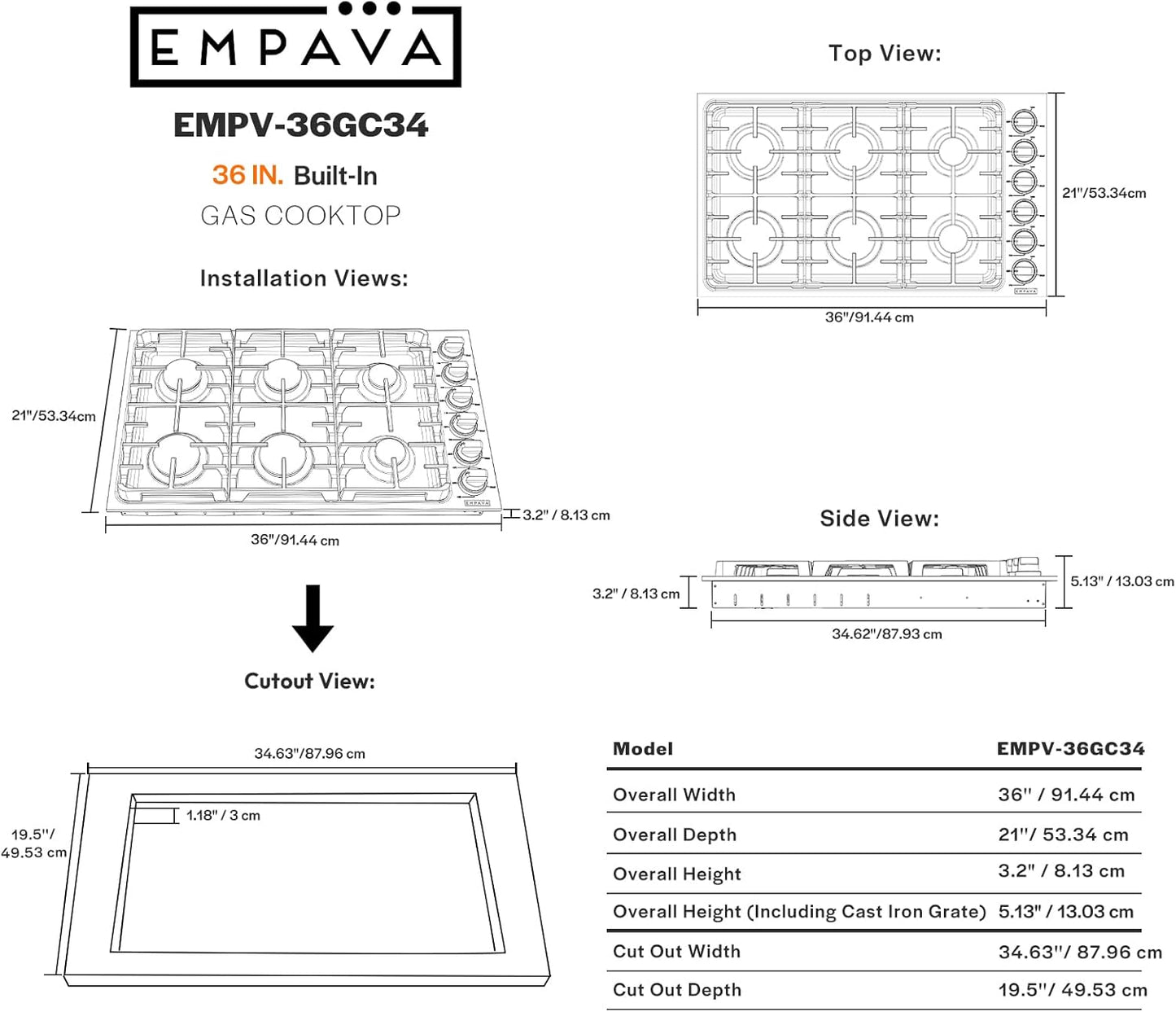 Empava 36 in. Gas Stove Cooktop 5 Italy Sabaf Sealed Burners NG/LPG Convertible in Stainless Steel, 36in