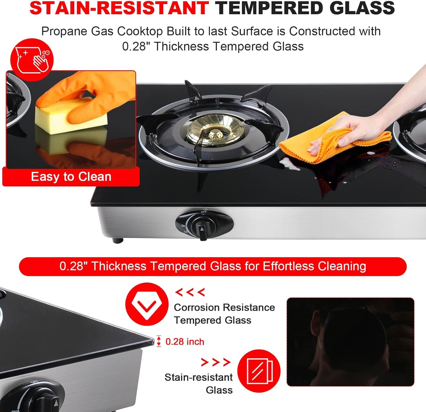 Propane Gas Cooktop 2 Burners Stove portable gas stove Tempered Glass Double Auto Ignition Camping Burner LPG for RV, Apartments, Outdoor