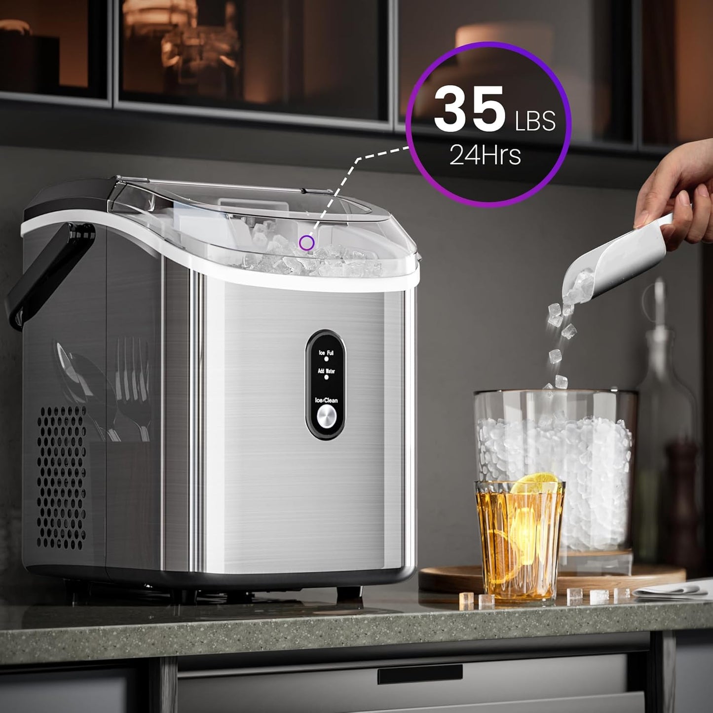 Kismile Nugget Ice Makers Countertop, Portable Sonic Ice Machine with Self-Cleaning/One-Click Operation for Home/Office(Silver)