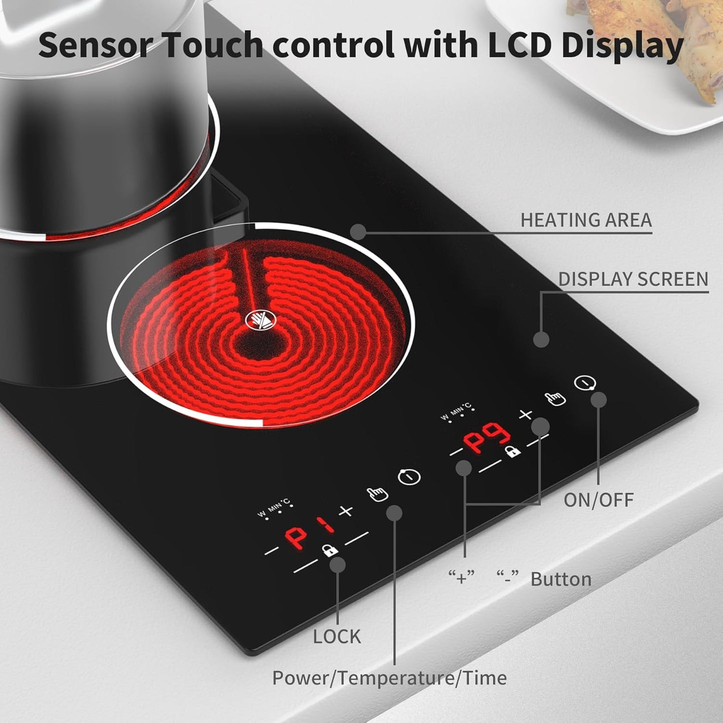 VBGK Electric Cooktop,12 Inch Built-in and countertop Electric Stove Top,110V 2100W 2 burner cooktop,9 Heating Level,Timer & Kid Safety Lock, Sensor Touch Control 2 burner Induction Cooktop