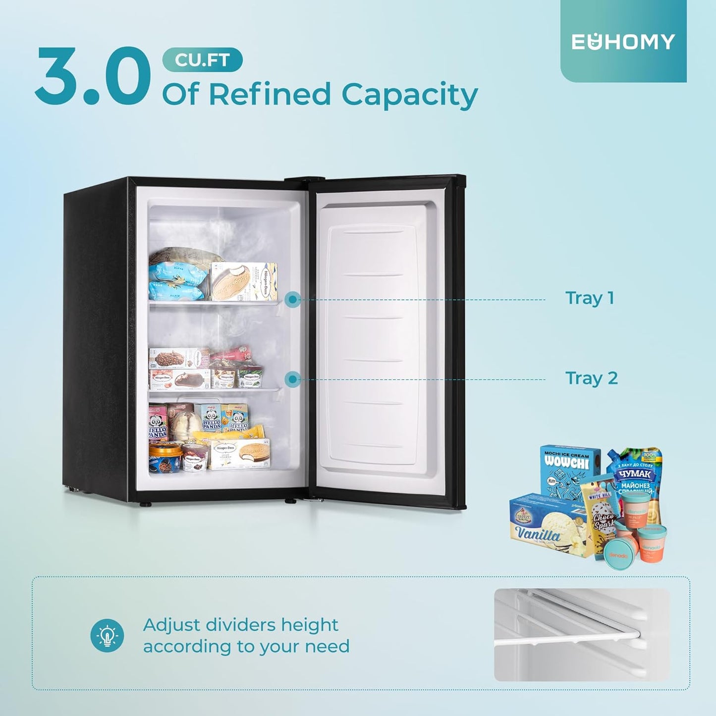 EUHOMY Upright freezer, 3.0Cubic Feet, Single Door Compact Mini Freezer with Reversible Door,Small freezer for Home/Dorms/Apartment/Office, Black