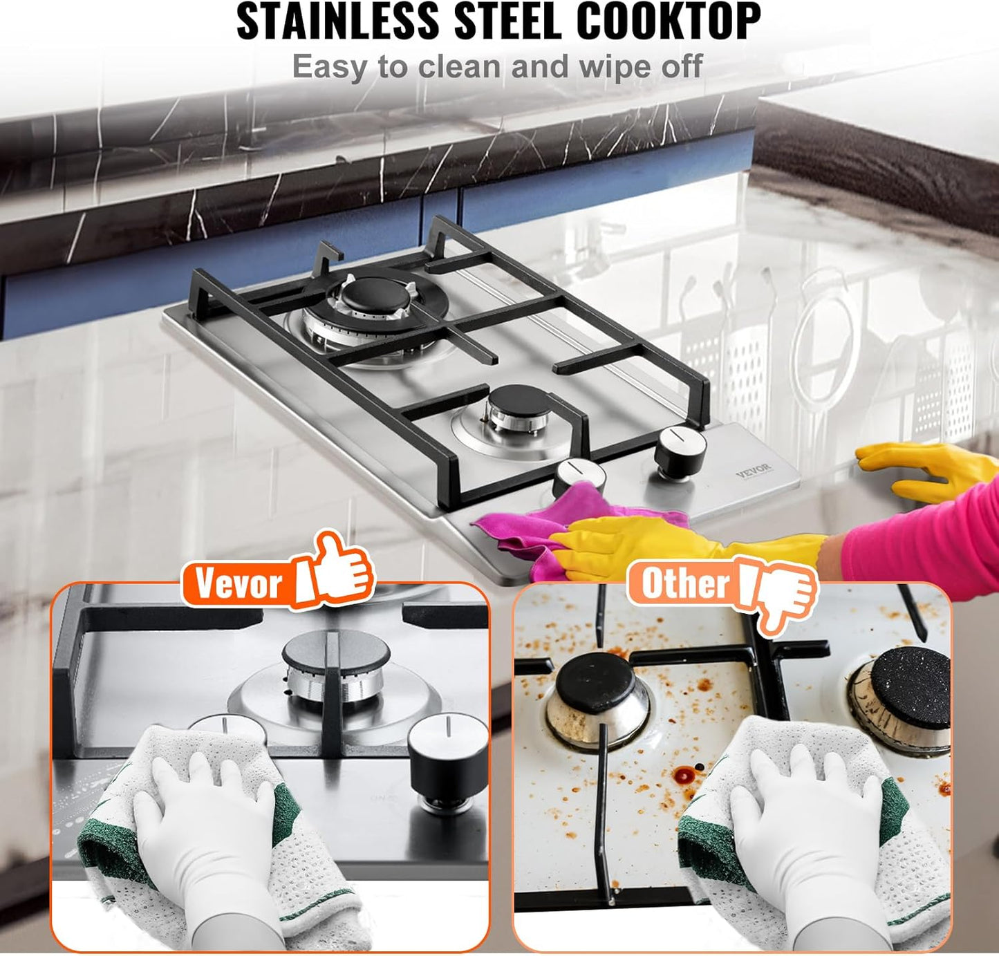 VEVOR 12 inch 2 Burners Cooktop Max 12250BTU Built-in Stainless Steel Stove Top LPG/NG Convertible Dual Fuel Natural Gas Hob with Thermocouple Protection for Outdoor, Kitchen, Camping, RV