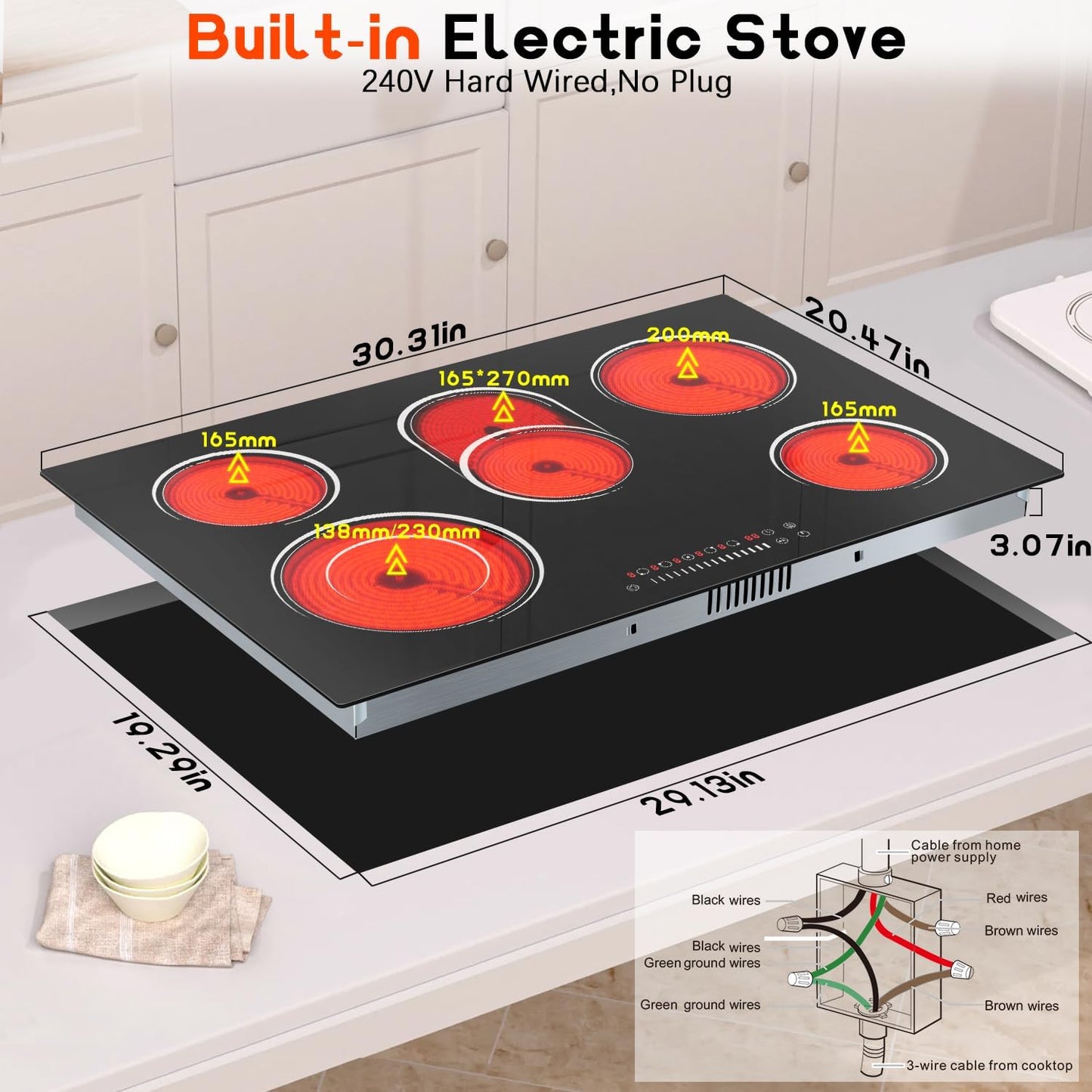 30 Inch Electric Cooktop, Nefaracy 5 Burner Electric Stove Top with Slider Control, 8400W Built-in Ceramic Cooktop with Dual Oval Zone, Timer & Safety Lock, Hot Surface Indicator, 220V, Hard Wire