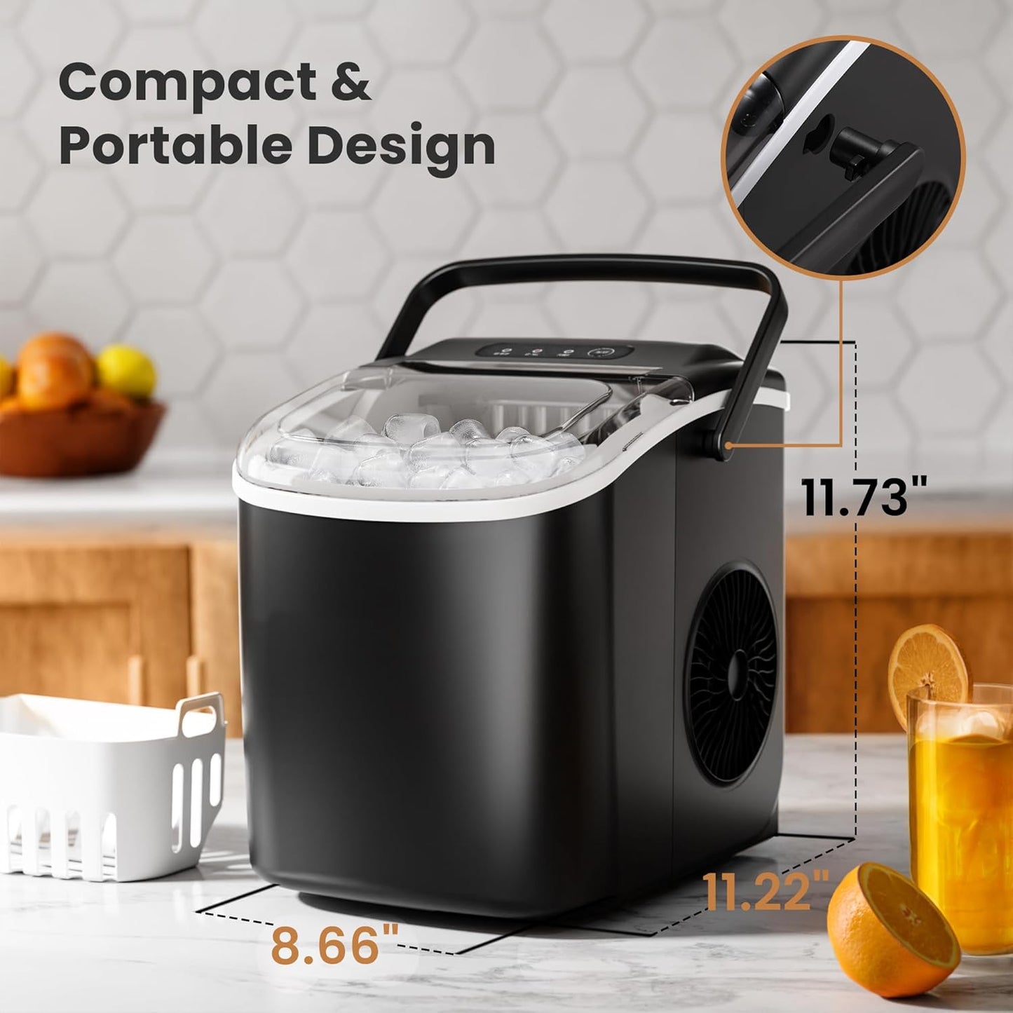 Countertop Ice Maker Machine with Handle, Portable Maker, 27lbs/24Hrs, 7Mins/9 Pcs ice Cubes, Self-Cleaning Table Top Maker with Ice Basket/Scoop, for Home/Kitchen/Office(Black)