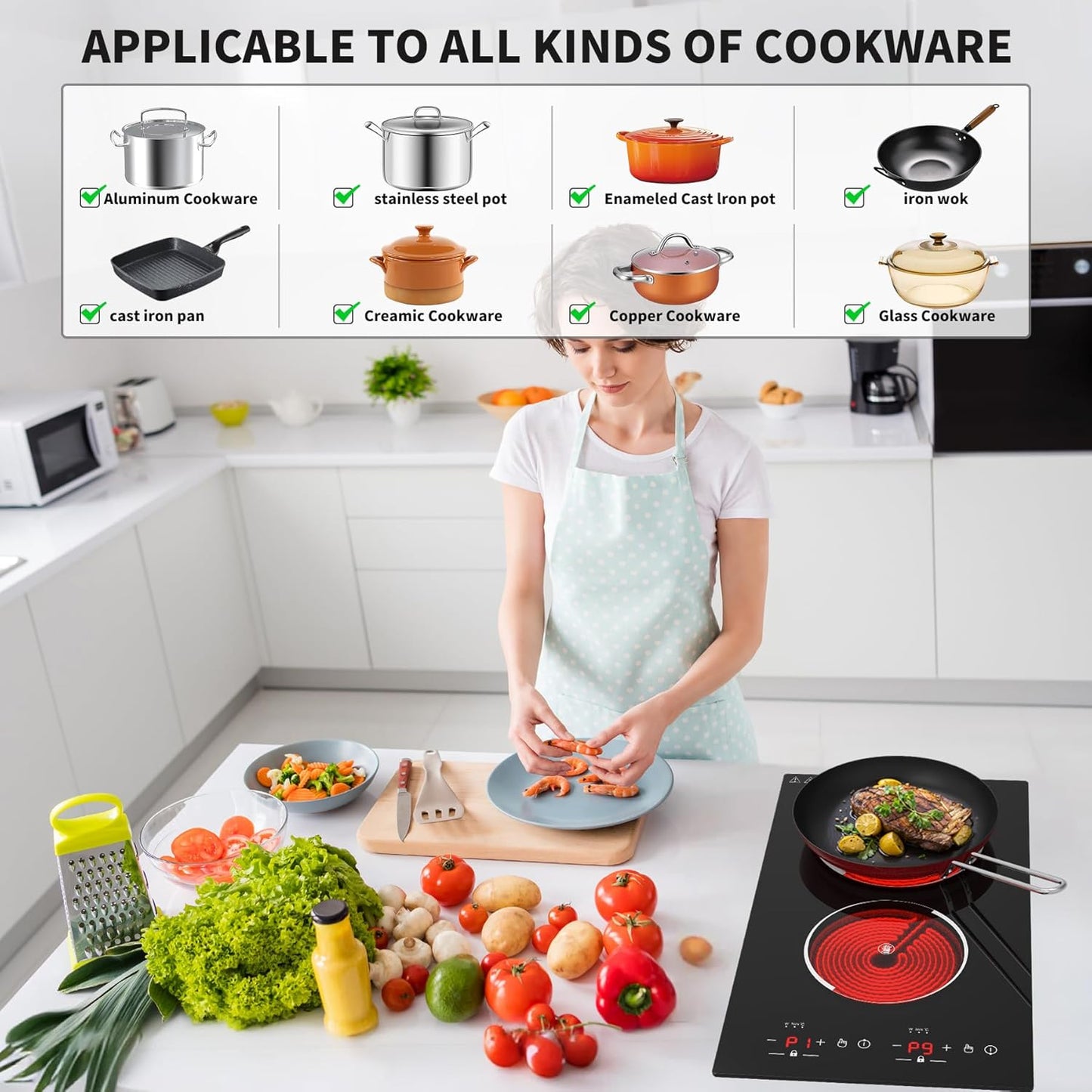 VBGK Electric Cooktop,12 Inch Built-in and countertop Electric Stove Top,110V 2100W 2 burner cooktop,9 Heating Level,Timer & Kid Safety Lock, Sensor Touch Control 2 burner Induction Cooktop
