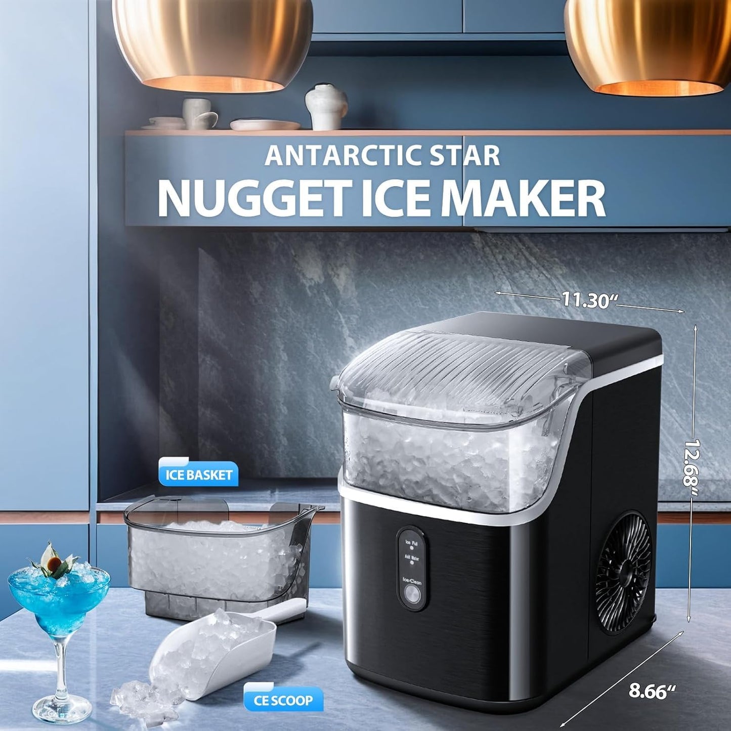 Nugget Ice Maker Countertop,Ready in 6 Mins, 34lbs/24H,Auto-Cleaning Portable Ice Maker with Basket and Scoop, for Home/Kitchen/Camping/RV. (Black)