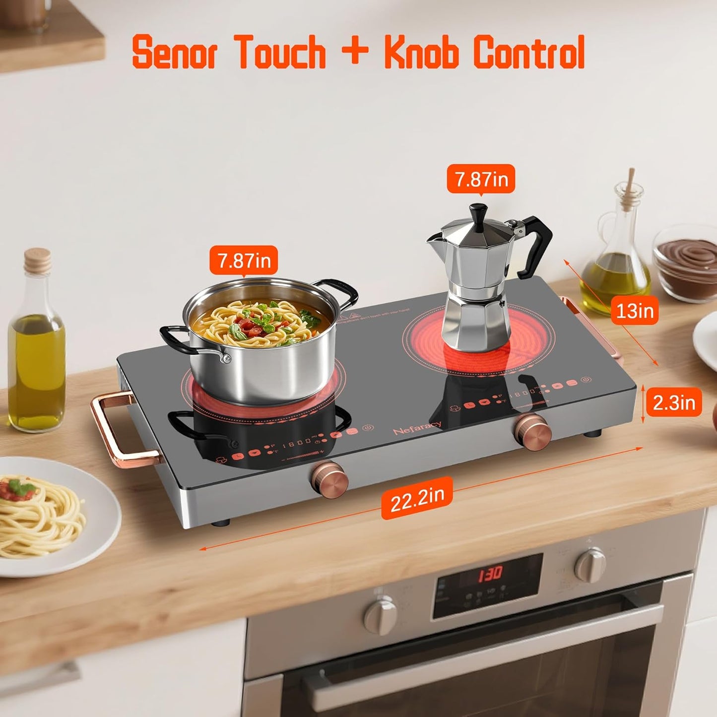 Electric Cooktop 2 Burner, 24 Inch Electric Stove with Touch & Knob Control, 2000W Ceramic Cooktop 110V Plug in, 240Mins Timer, Safety Lock & 9 Heating Levels, Overheat Protection(Red)