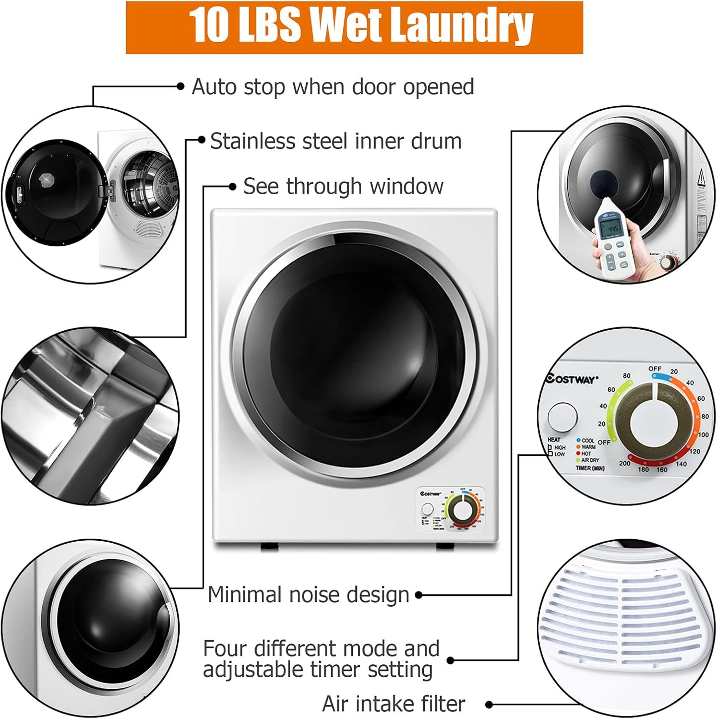 COSTWAY GYJ25-78 110V Electric Portable Clothes Stainless Steel Tub Laundry Dryer, for 4 Automatic Drying Mode, White