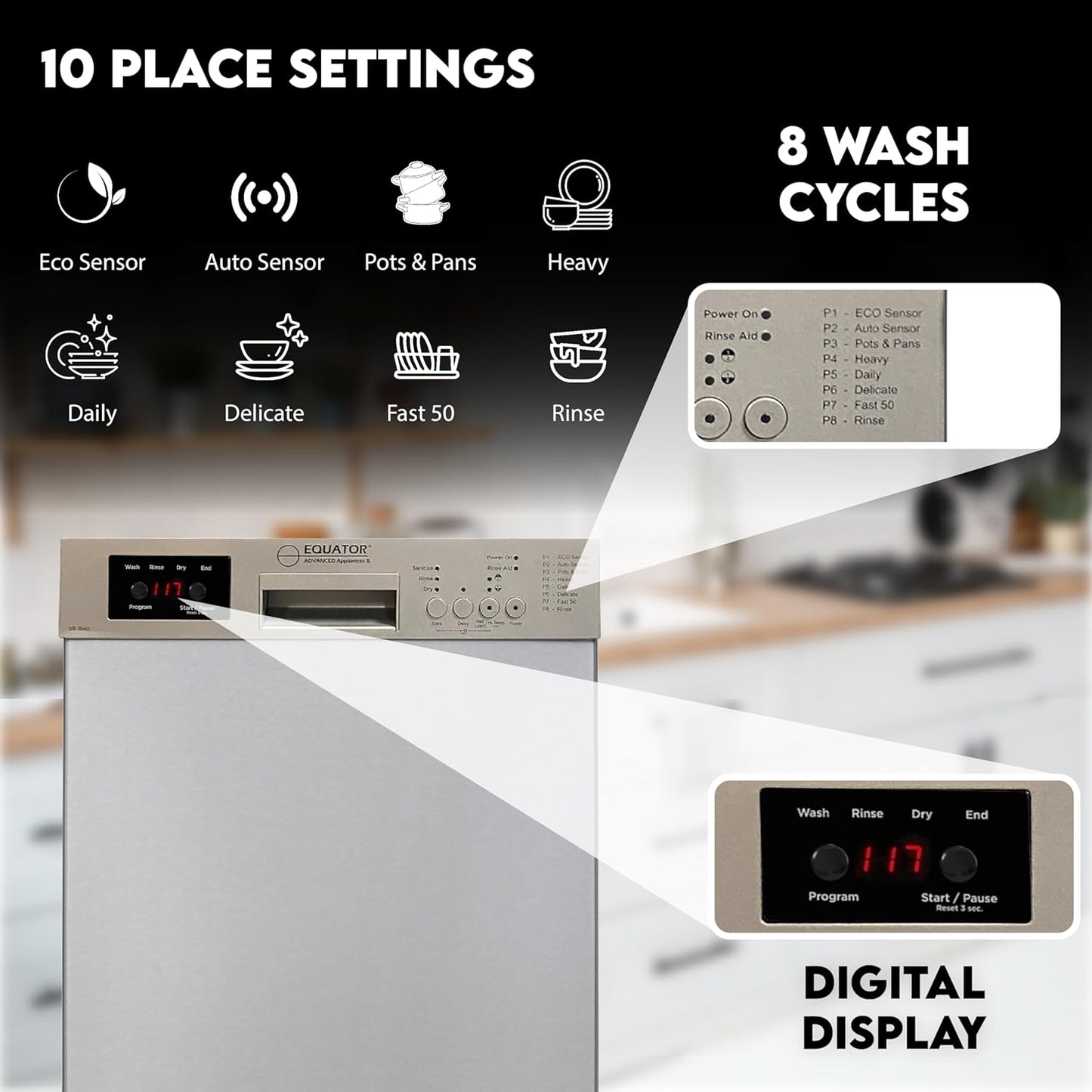 Equator 18 in Dishwasher 10 place+Wine Rack 3.4g QUIET 51 dB 110V E-Star ADA in Silver