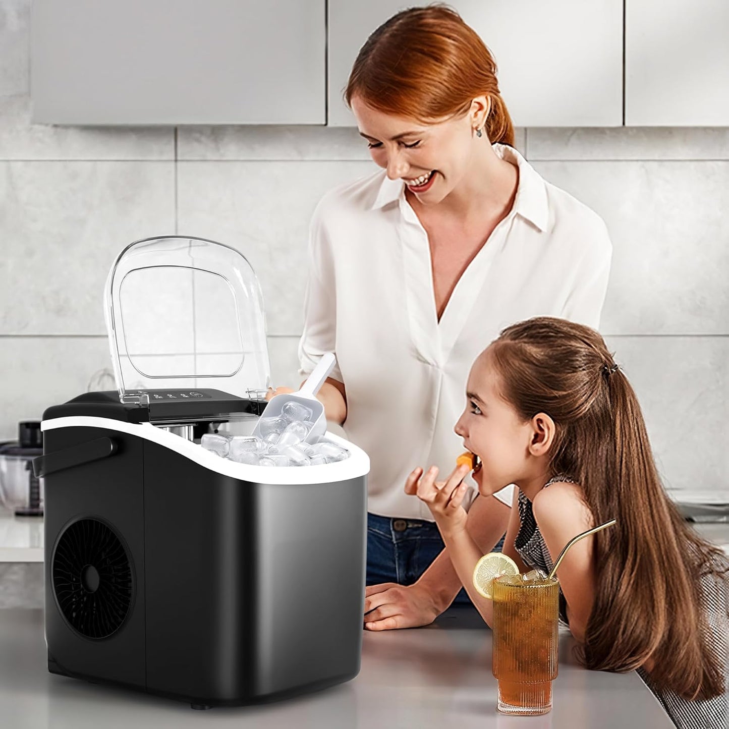 Countertop Ice Maker Machine with Handle, Portable Maker, 27lbs/24Hrs, 7Mins/9 Pcs ice Cubes, Self-Cleaning Table Top Maker with Ice Basket/Scoop, for Home/Kitchen/Office(Black)