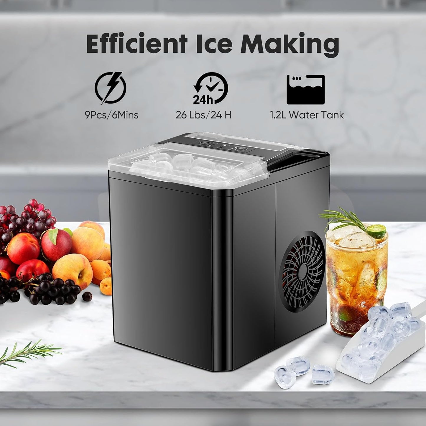 HealSmart Ice Maker for Countertop, 9 Ice Cubes Ready in 6 Mins, 26lbs Ice/24Hrs, with Self-Cleaning Feature, Ice Spoon and Basket, for Home, Kitchen, Camping, Party, Black