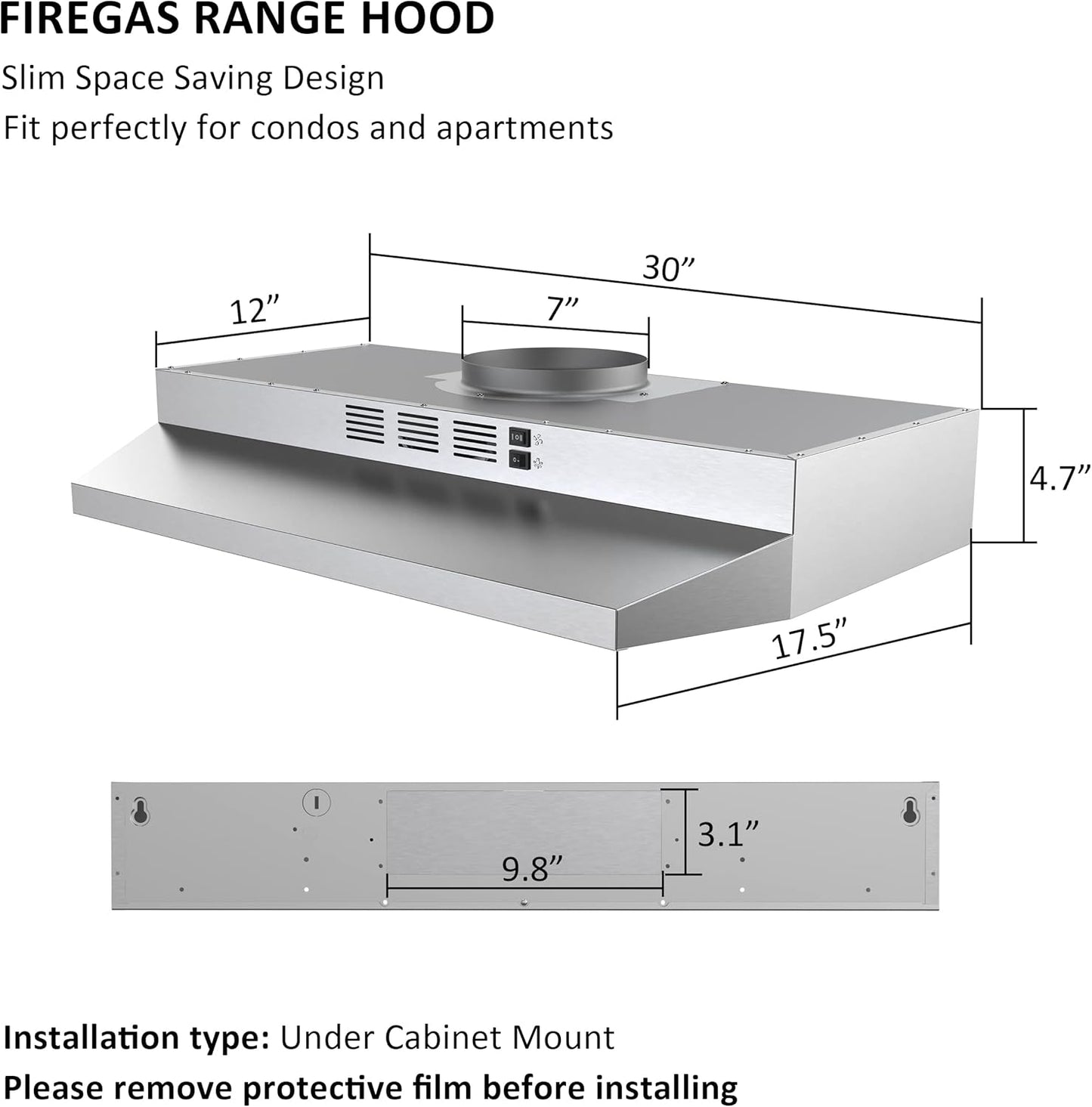 FIREGAS 30 inch Range Hood Under Cabinet, Ducted/Ductless Convertible Stainless Steel Kitchen Range Hood with Rocker Button Control, 2 Speed Exhaust Fan, 300 CFM Aluminum Filter Included