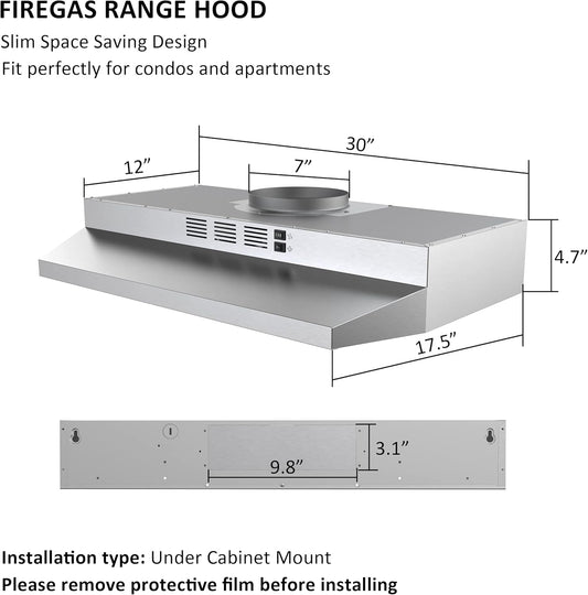 FIREGAS 30 inch Range Hood Under Cabinet, Ducted/Ductless Convertible Stainless Steel Kitchen Range Hood with Rocker Button Control, 2 Speed Exhaust Fan, 300 CFM Aluminum Filter Included