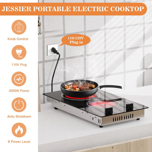 2 Burner Electric Cooktop - 12 Inch Plug in Portable 110V Electric Cook Top, Built-in & Countertop Ceramic Stove Top with Knob Control, 9 Power Levels and Overheat Protection