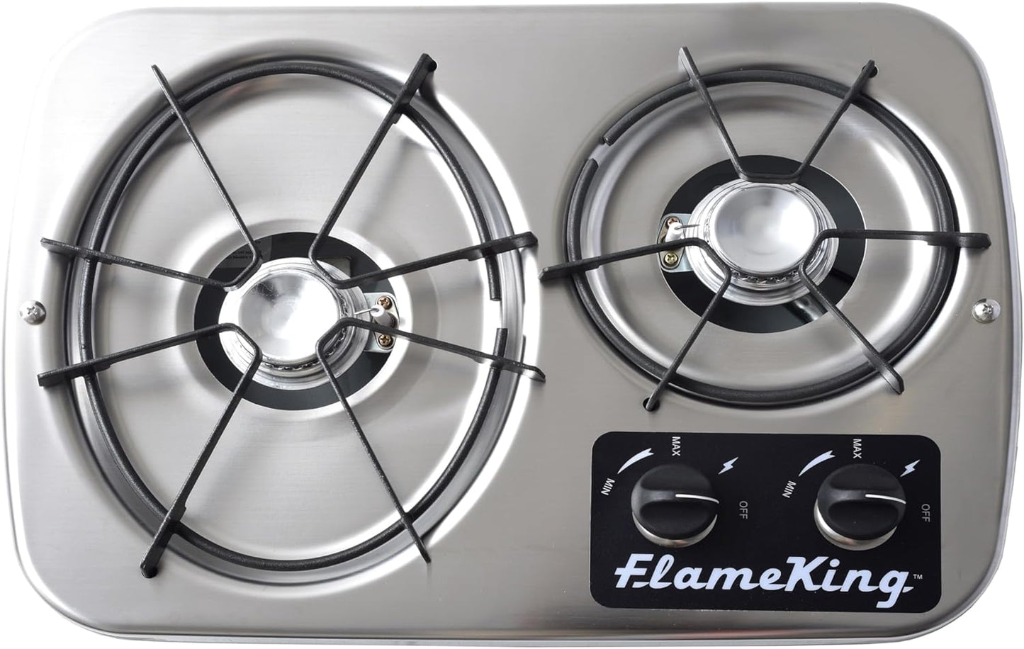Flame King YSNHT600 2-Burner Built-in RV Cooktop Propane Stove, 7200 and 5200 BTU Burners, Self-Igniting, Cover Included, Silver, 18.5" x 13" x 4.5"