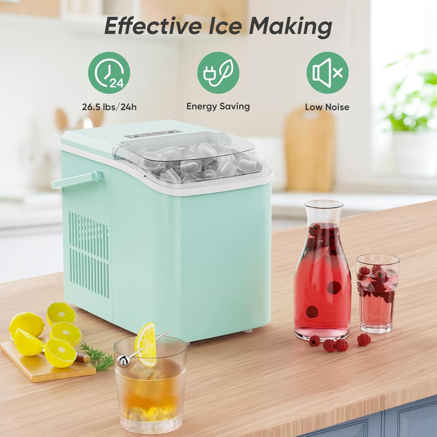 DUMOS Ice Maker Countertop Ice Machine Compact Size with Handle, 26lbs in 24Hrs, 9 Bullet Ice Cubes in 6 Mins, Self-Cleaning Function, Portable for Home, Kitchen, RV, Camping, Quiet Operation,Green
