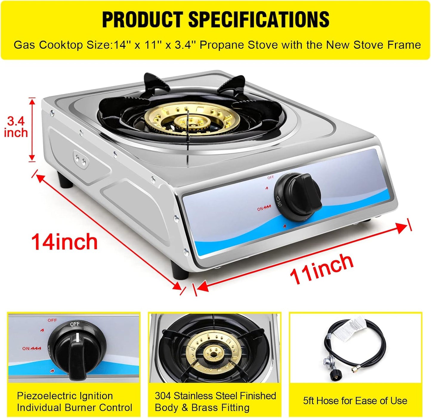 Propane Gas Cooktop，Single Burner Gas Stove Stainless Steel Portable Gas Stove，Auto Ignition Camping Single Burner LPGfor RV, Apartments, Outdoor