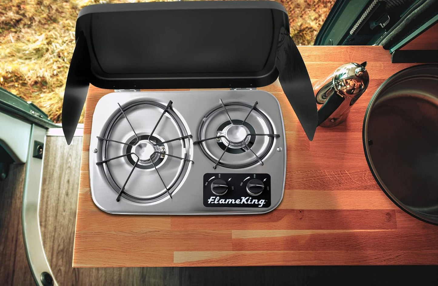 Flame King YSNHT600 2-Burner Built-in RV Cooktop Propane Stove, 7200 and 5200 BTU Burners, Self-Igniting, Cover Included, Silver, 18.5" x 13" x 4.5"