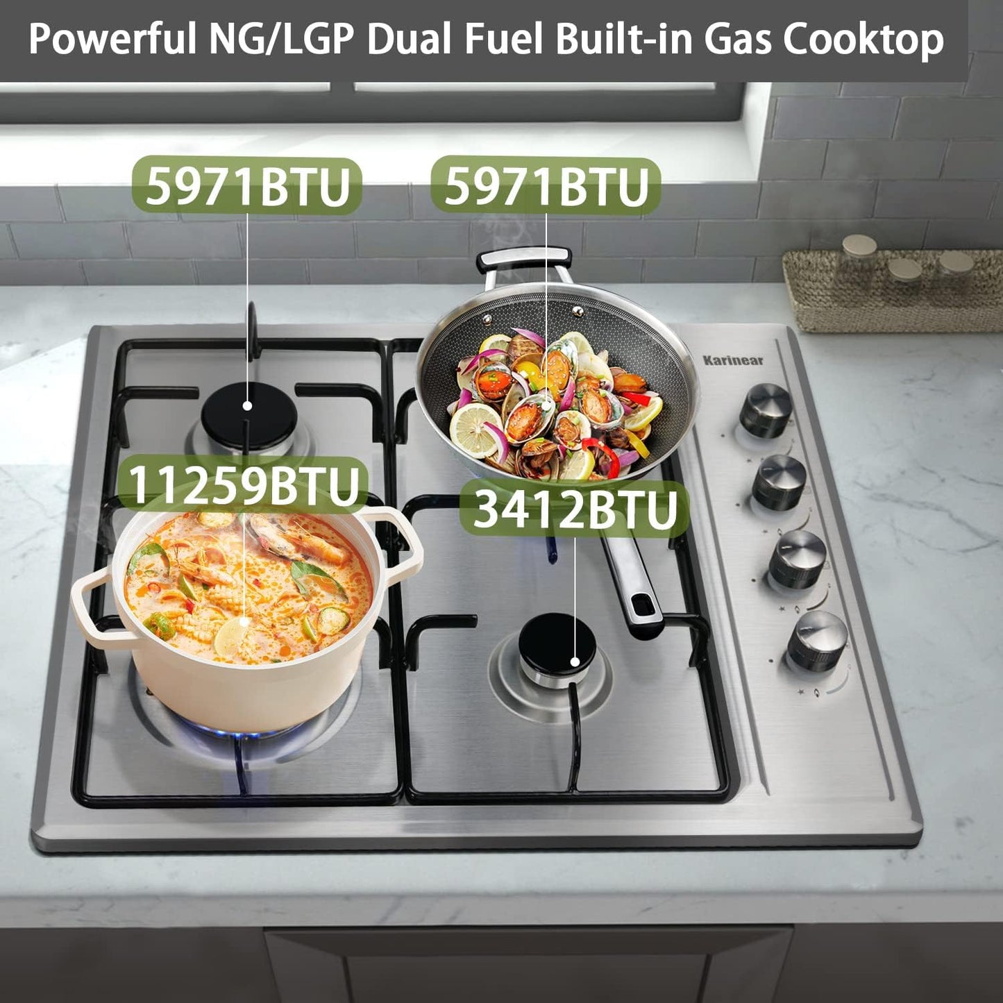 Karinear 24 Inch Gas Cooktop Gas Stove 4 Burners, Built-in Stainless Steel Gas Hob, NG/LPG Dual Fuel Gas Stovetop with Thermocouple Protection for Apartments, Indoor (Come with Pressure Regulator)