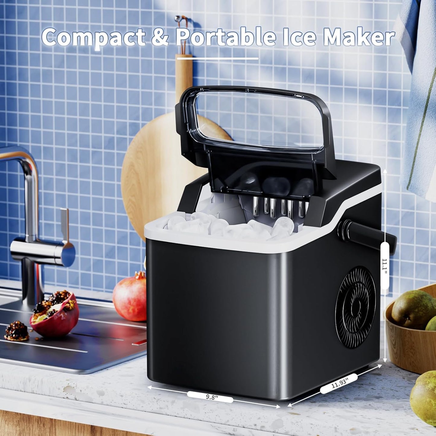 Antarctic Star Countertop Ice Maker Portable Ice Machine, Basket Handle,Self-Cleaning Ice Makers, 26Lbs/24H, 9 Ice Cubes Ready in 6 Mins, S/L ice, for Home Kitchen Bar Party (Black)