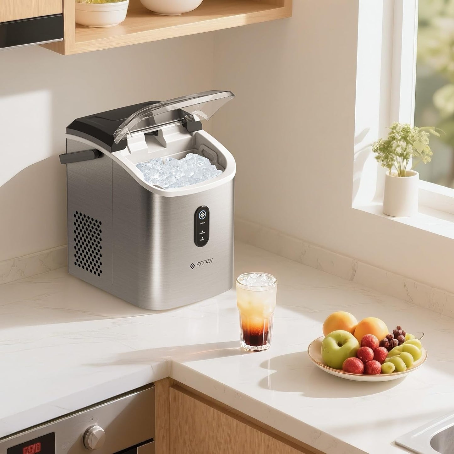 ecozy Nugget Ice Maker Countertop with Handle, Pebble Ice in 5 Mins, 33 lbs Per Day, Self-Cleaning Ice Machine with Ice Bags and Scoop, Portable Ice Maker for Kitchen, Bar, Parties, Camping, RV
