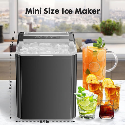 Sweetcrispy Countertop Ice Maker with Scoop, Basket and Handle, 9 Ice Cubes Machine Ready in 6 Mins, 26.5lbs in 24Hrs, 2 Sizes for Home Kitchen Office Bar Party(Black)