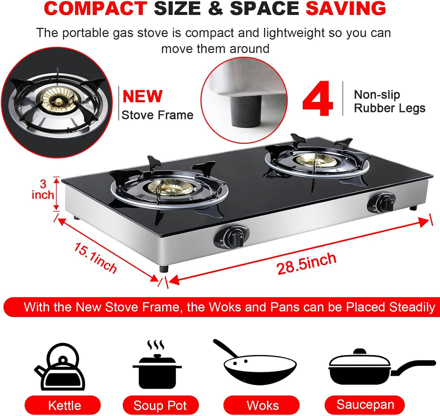 Propane Gas Cooktop 2 Burners Stove portable gas stove Tempered Glass Double Auto Ignition Camping Burner LPG for RV, Apartments, Outdoor