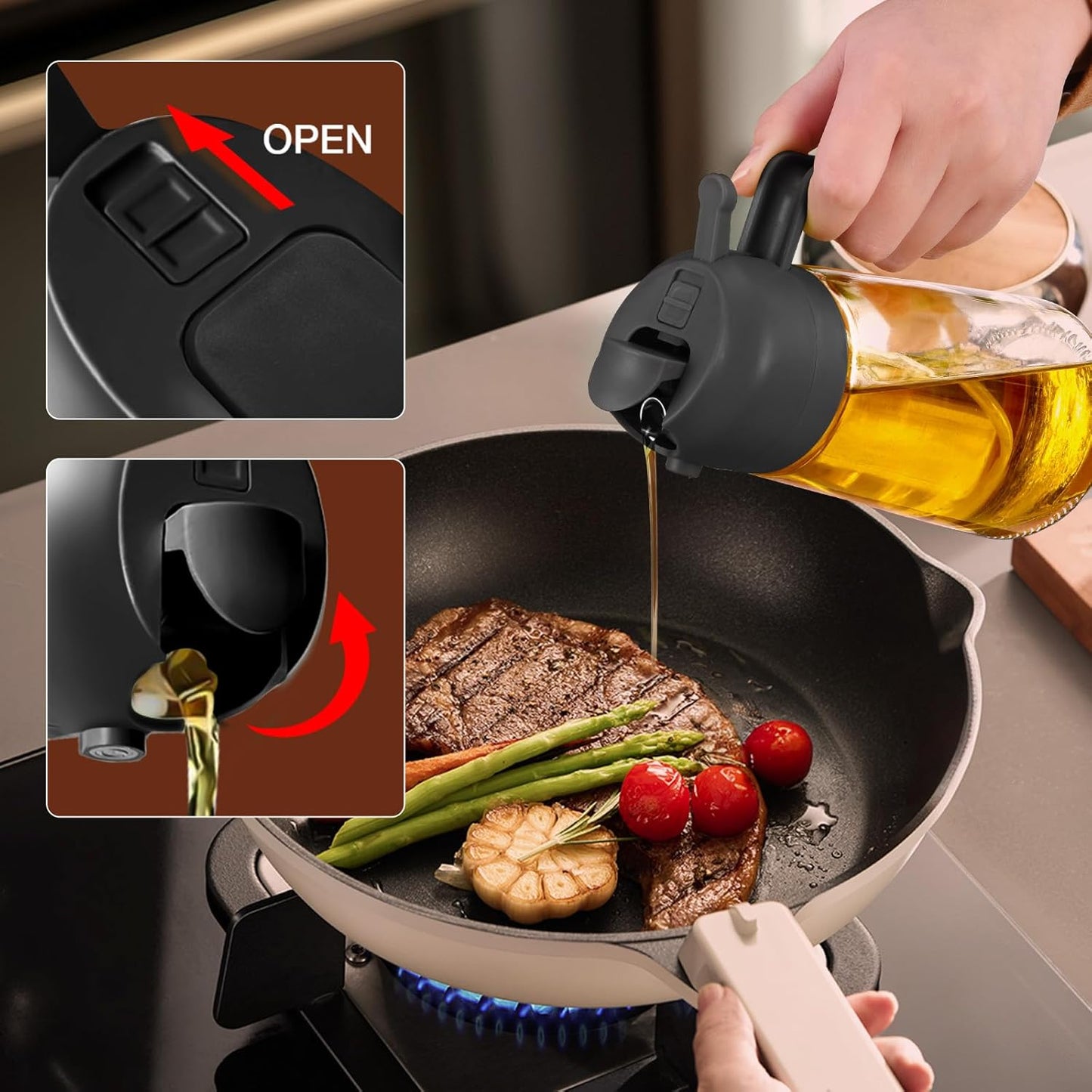 YRRAMATE 16oz/470ml Glass Olive Oil Sprayer for Cooking with Stickers, 2 in 1 Oil Dispenser for Kitchen Gadgets, Food Grade Premium Spray Bottle with Portion Control for Salad, Frying, BBQ (Black)