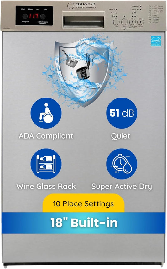 Equator 18 in Dishwasher 10 place+Wine Rack 3.4g QUIET 51 dB 110V E-Star ADA in Silver