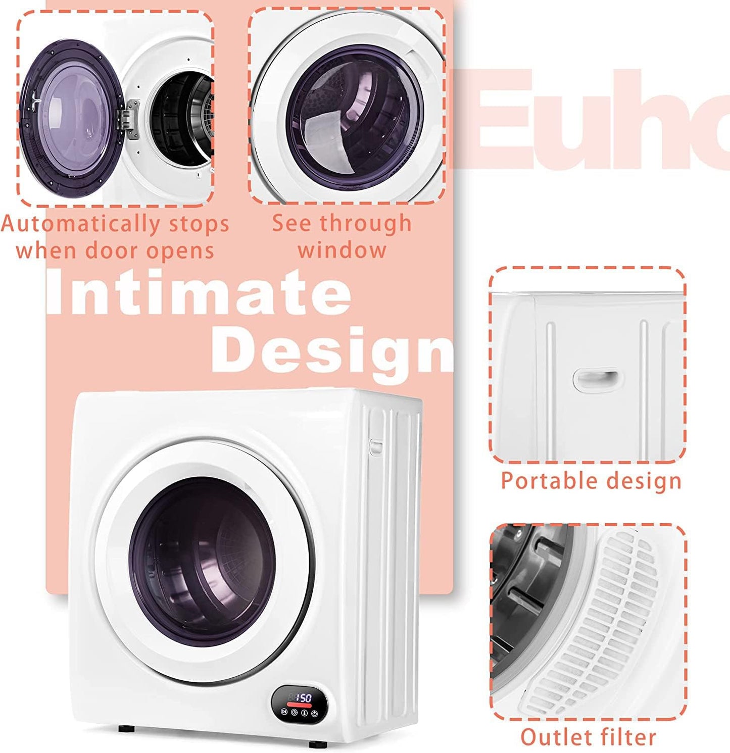 Euhomy Compact Laundry Dryer, 3.5 cu ft Front Load Stainless Steel Clothes Dryers With Exhaust Pipe, 1500W, LCD Control Panel Four-Function Portable Dryer For Apartments, Home, Dorm, White