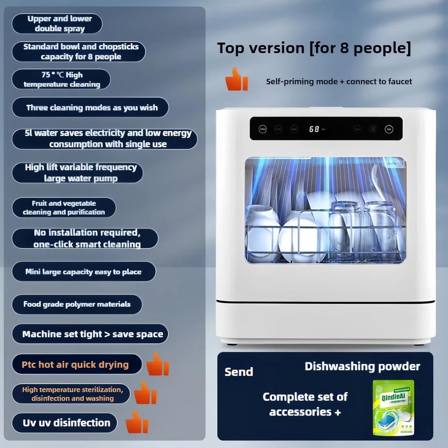 Dishwasher Tabletop Dishwasher Portable Small Fully Automatic Cleaning 4 Cleaning Modes