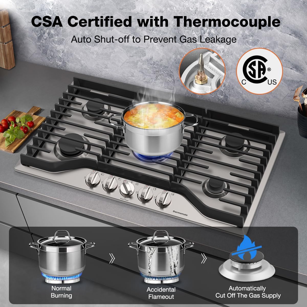 ThermoMate Heavy 36 Inch Gas Cooktop with 5 Italy Sabaf Power Burners, Built In Gas Stove Top of 304 Stainless Steel, Gas Hob NG/LPG Convertible, Gas Cooker with Thermocouple Protection CSA Certified