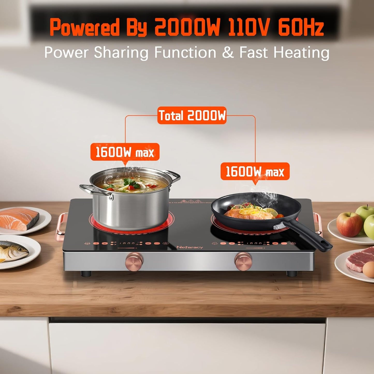 Electric Cooktop 2 Burner, 24 Inch Electric Stove with Touch & Knob Control, 2000W Ceramic Cooktop 110V Plug in, 240Mins Timer, Safety Lock & 9 Heating Levels, Overheat Protection(Red)