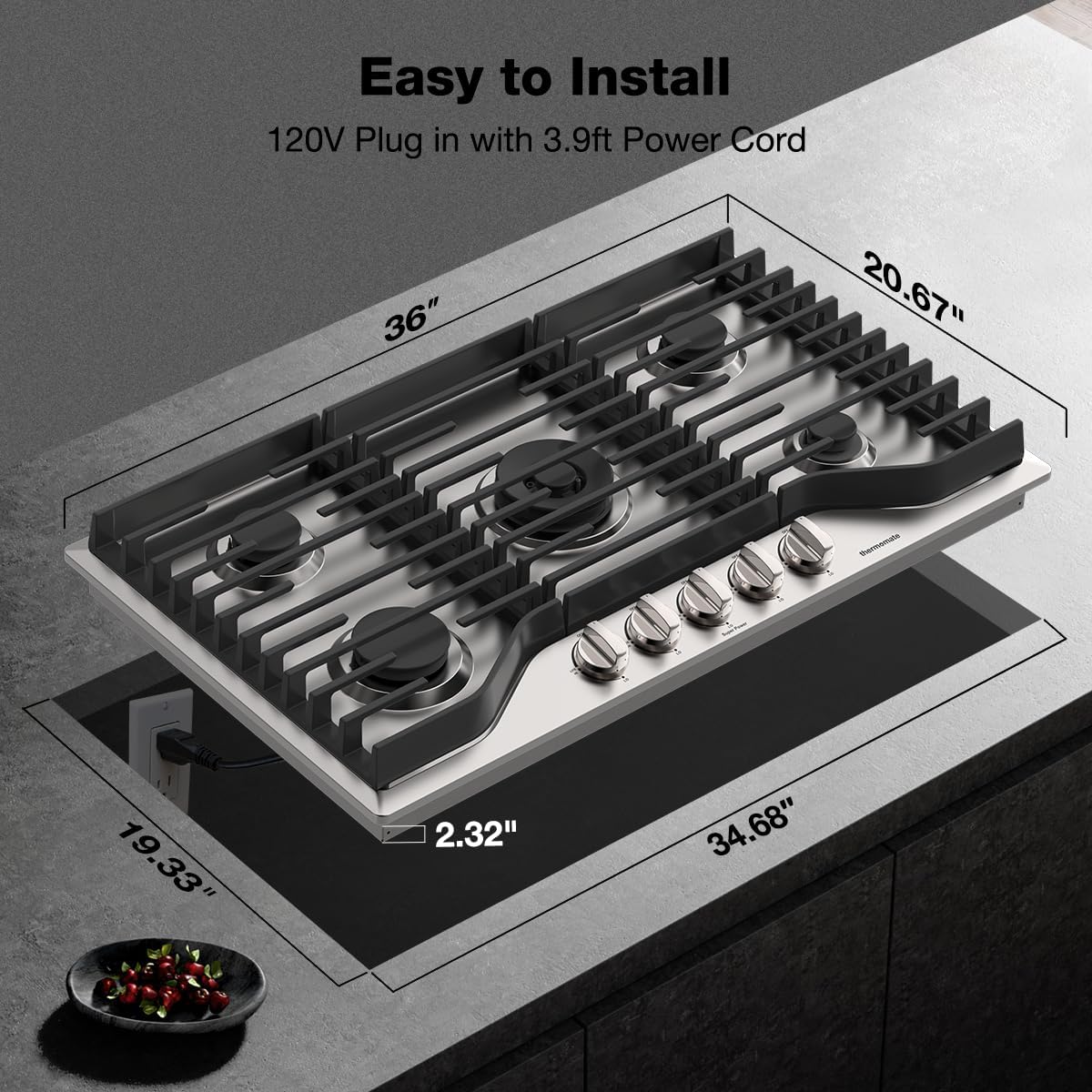 ThermoMate Heavy 36 Inch Gas Cooktop with 5 Italy Sabaf Power Burners, Built In Gas Stove Top of 304 Stainless Steel, Gas Hob NG/LPG Convertible, Gas Cooker with Thermocouple Protection CSA Certified