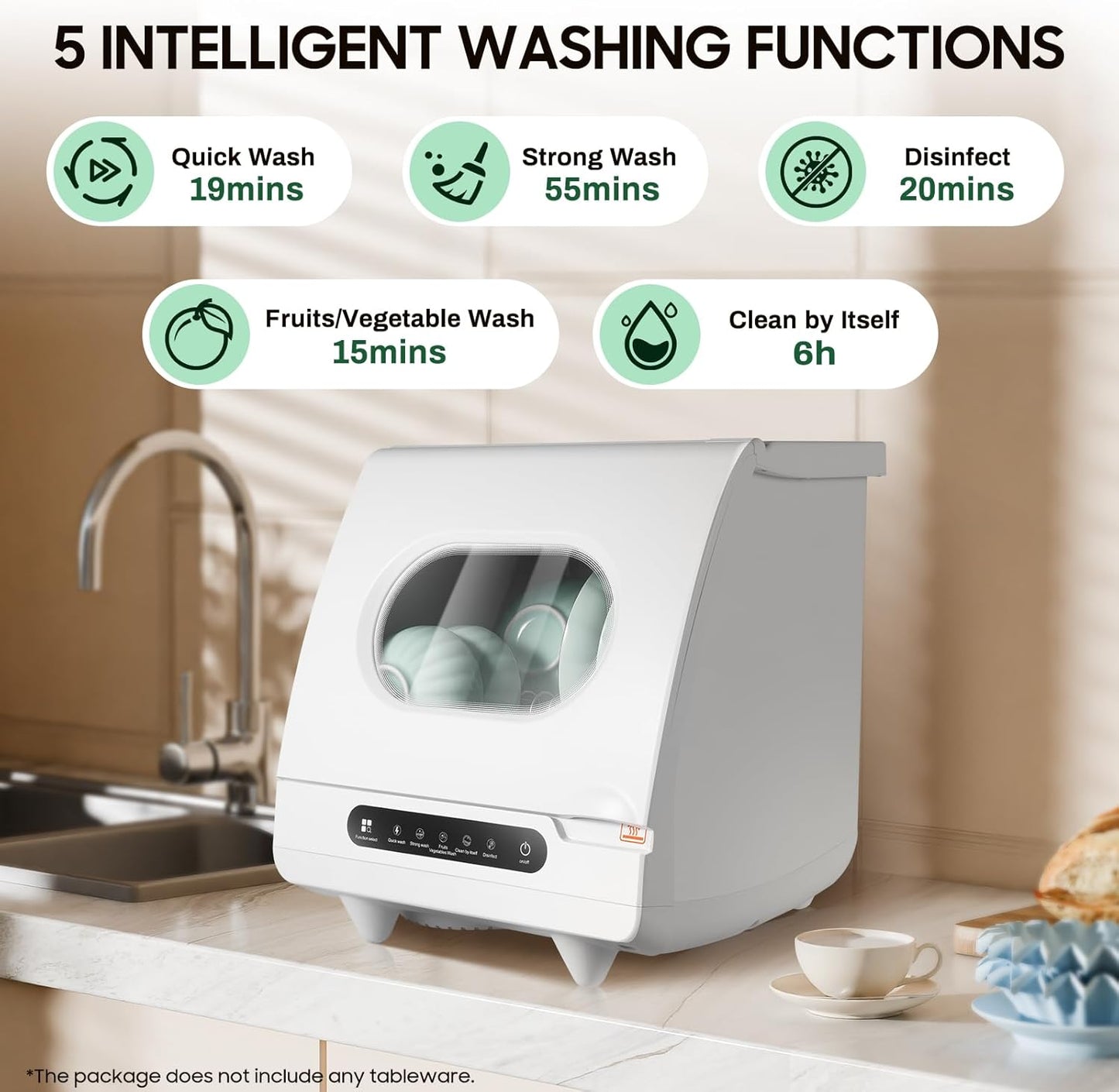 1200W Portable Countertop Dishwasher, 5 Wash Programs Mini Countertop Dishwasher with Water Tank, 360° Spray Arms Intelligent Cutlery Helper for Apartment Kitchen RV Office