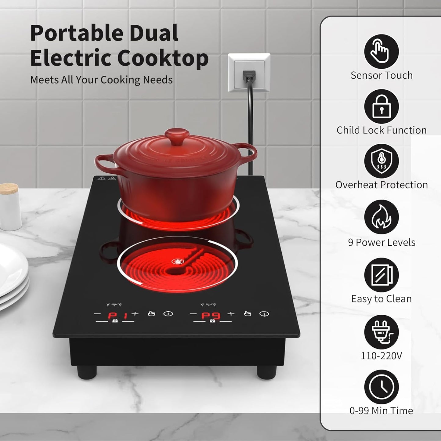 VBGK Electric Cooktop,12 Inch Built-in and countertop Electric Stove Top,110V 2100W 2 burner cooktop,9 Heating Level,Timer & Kid Safety Lock, Sensor Touch Control 2 burner Induction Cooktop