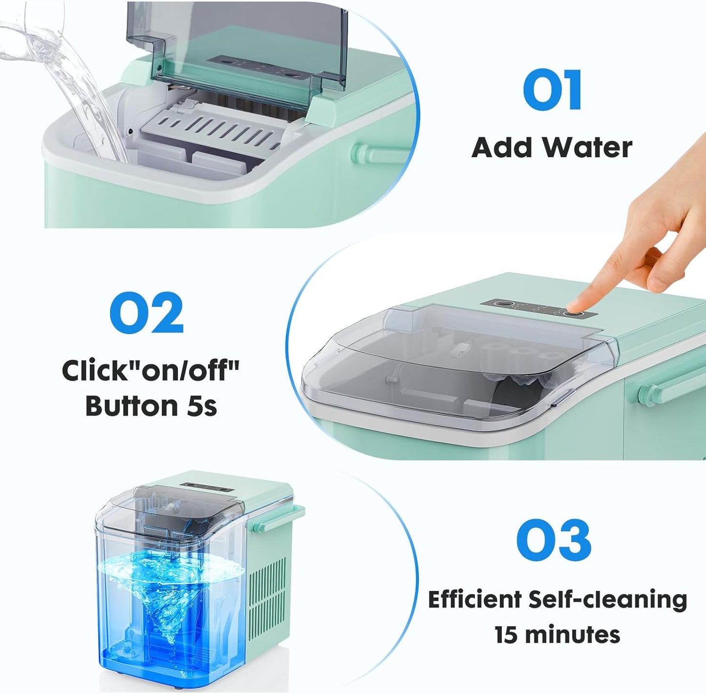 DUMOS Ice Maker Countertop Ice Machine Compact Size with Handle, 26lbs in 24Hrs, 9 Bullet Ice Cubes in 6 Mins, Self-Cleaning Function, Portable for Home, Kitchen, RV, Camping, Quiet Operation,Green