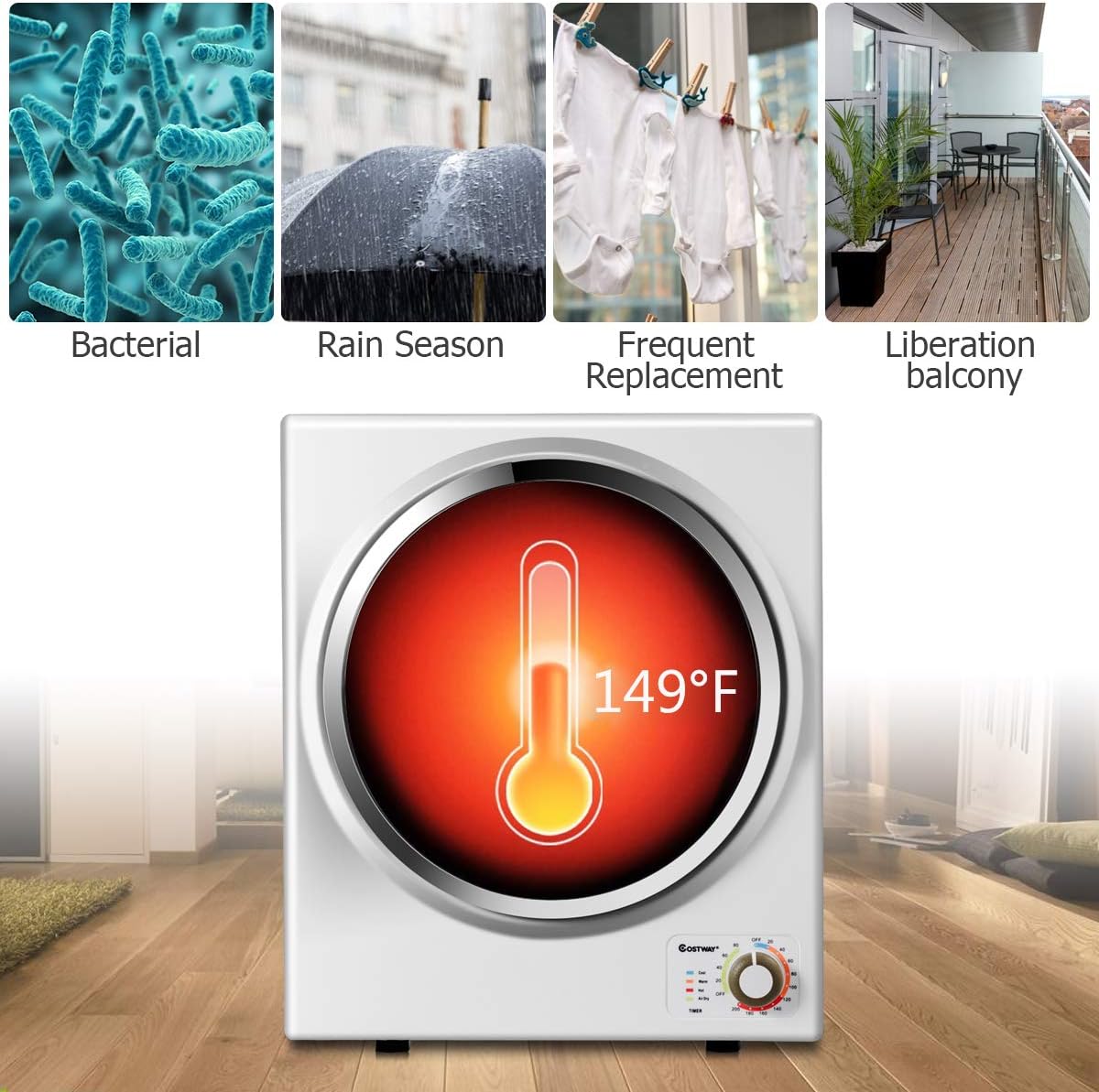 COSTWAY GYJ25-78 110V Electric Portable Clothes Stainless Steel Tub Laundry Dryer, for 4 Automatic Drying Mode, White