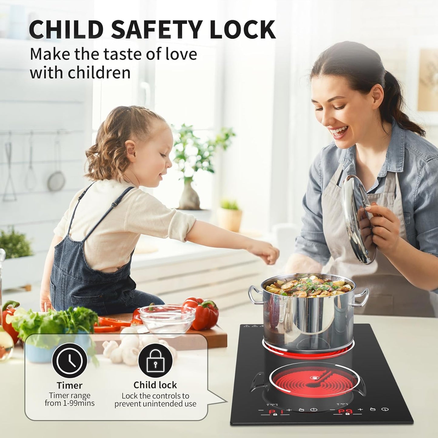 VBGK Electric Cooktop,12 Inch Built-in and countertop Electric Stove Top,110V 2100W 2 burner cooktop,9 Heating Level,Timer & Kid Safety Lock, Sensor Touch Control 2 burner Induction Cooktop