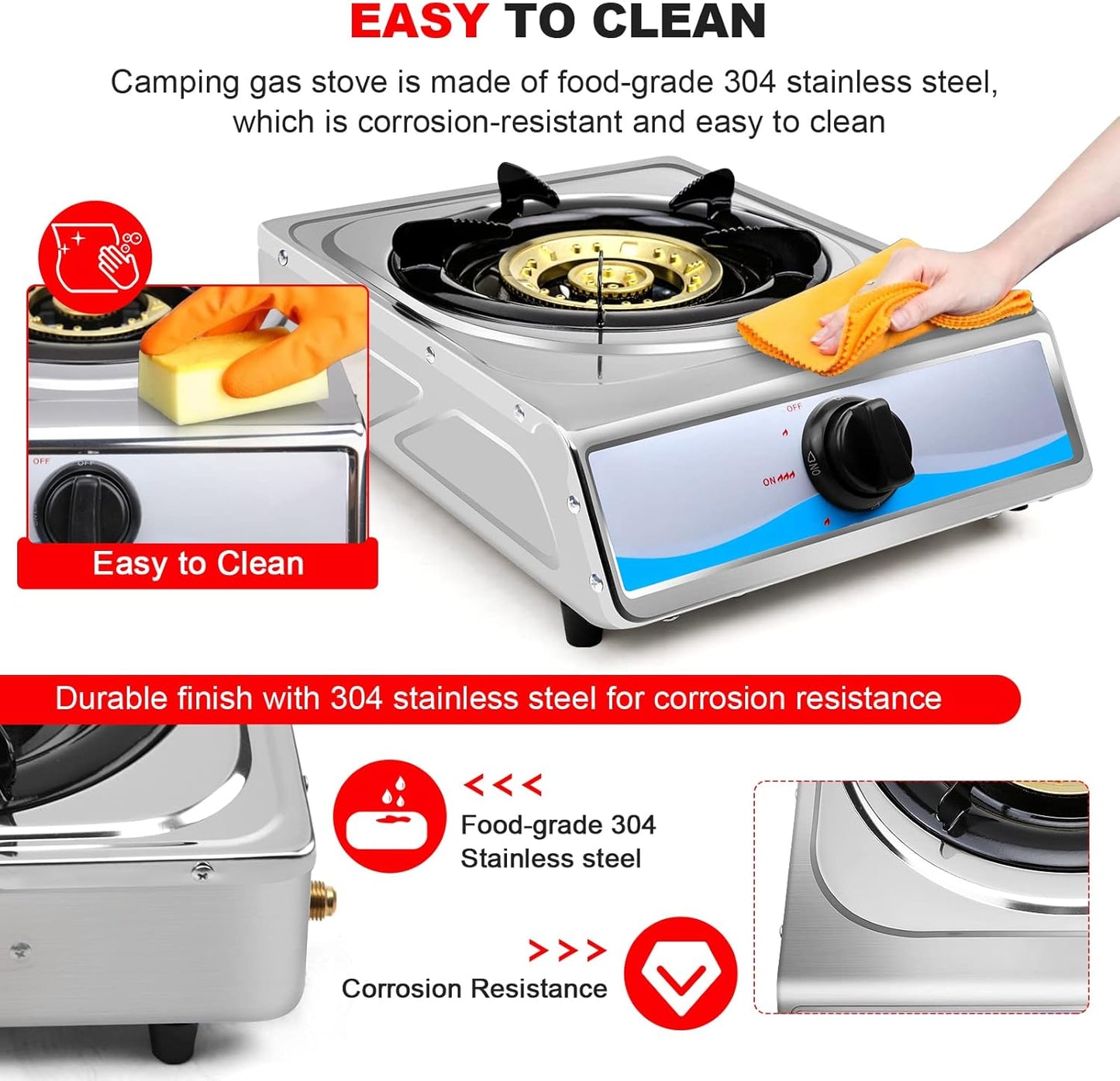 Propane Gas Cooktop，Single Burner Gas Stove Stainless Steel Portable Gas Stove，Auto Ignition Camping Single Burner LPGfor RV, Apartments, Outdoor