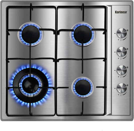 Karinear 24 Inch Gas Cooktop Gas Stove 4 Burners, Built-in Stainless Steel Gas Hob, NG/LPG Dual Fuel Gas Stovetop with Thermocouple Protection for Apartments, Indoor (Come with Pressure Regulator)