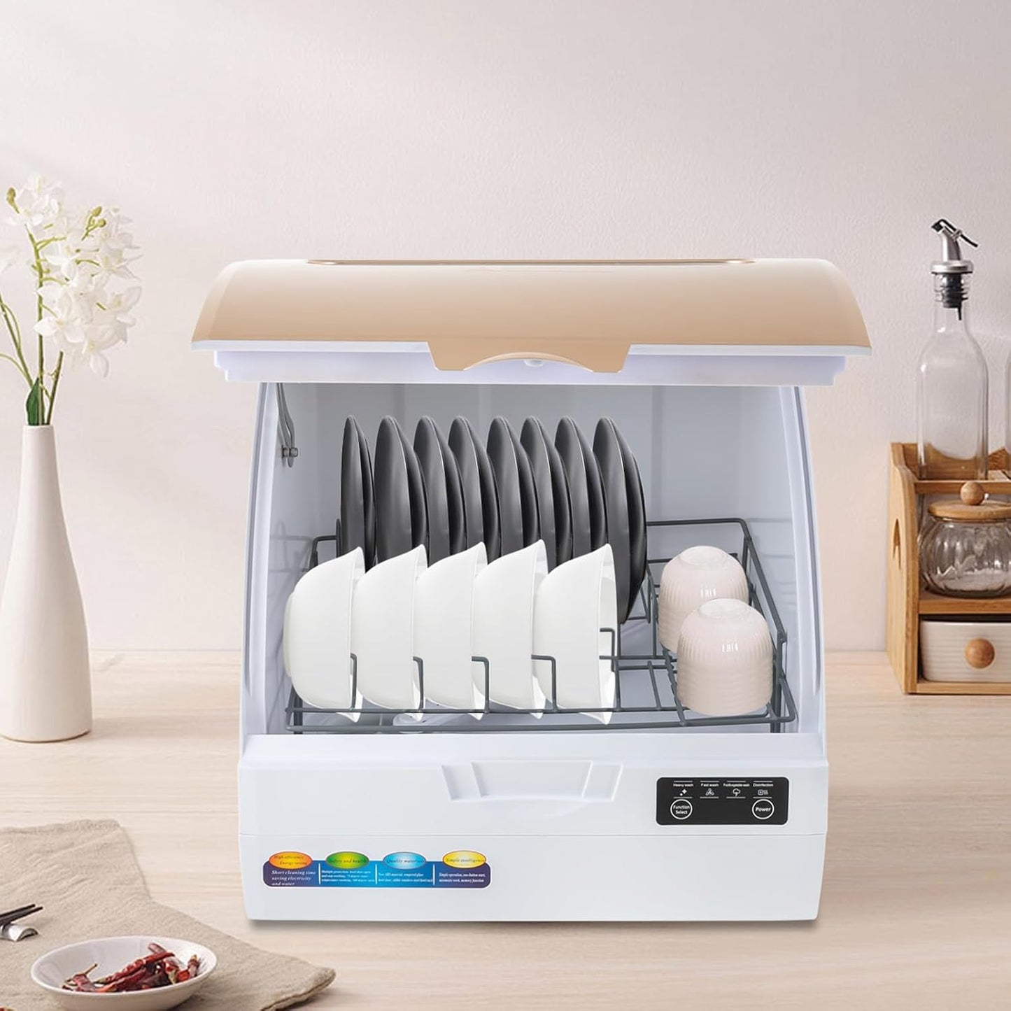 900W Portable Countertop Dishwasher with 4Programs,360° Dual Spray 162℉ High-Temp& Air-Refresh Function and Touch Screen for Small Apartments, Dorms and RVs,No Hookup Needed