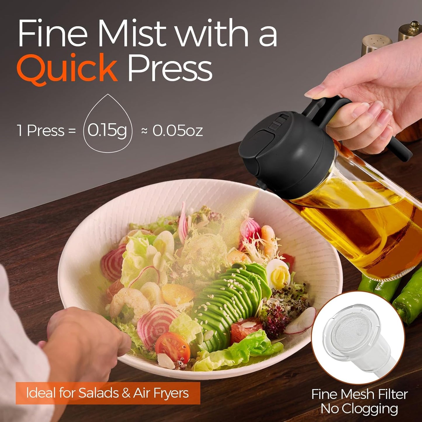 YRRAMATE 16oz/470ml Glass Olive Oil Sprayer for Cooking with Stickers, 2 in 1 Oil Dispenser for Kitchen Gadgets, Food Grade Premium Spray Bottle with Portion Control for Salad, Frying, BBQ (Black)