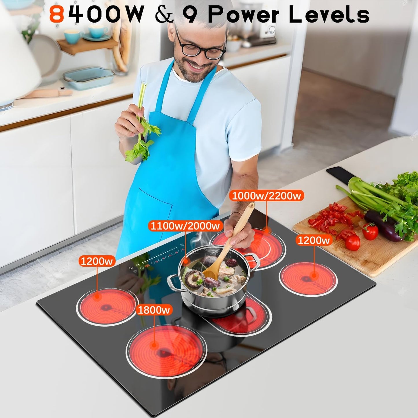 30 Inch Electric Cooktop, Nefaracy 5 Burner Electric Stove Top with Slider Control, 8400W Built-in Ceramic Cooktop with Dual Oval Zone, Timer & Safety Lock, Hot Surface Indicator, 220V, Hard Wire