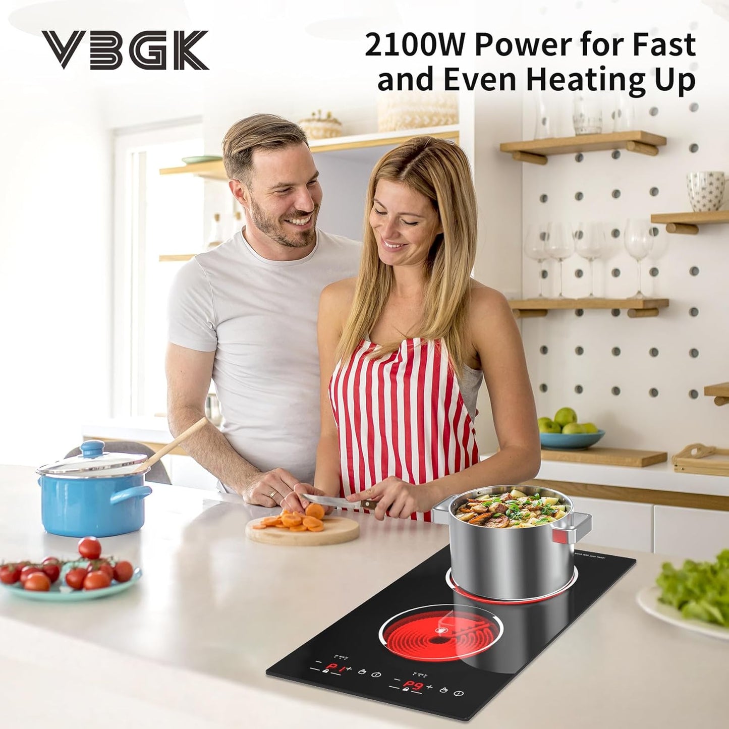 VBGK Electric Cooktop,12 Inch Built-in and countertop Electric Stove Top,110V 2100W 2 burner cooktop,9 Heating Level,Timer & Kid Safety Lock, Sensor Touch Control 2 burner Induction Cooktop